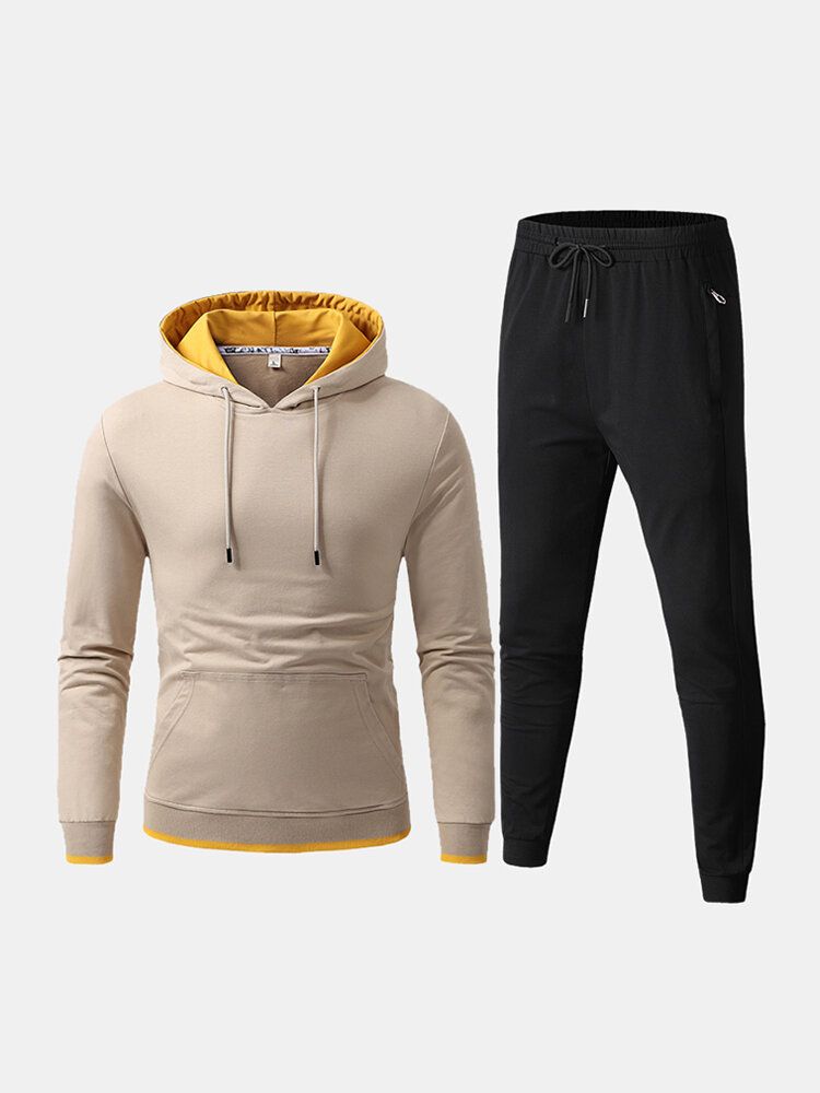 Sudadera Con Capucha De Color De Contraste De Algodón Deportivo Para Hombre Pantalones De Jogging De Bolsillo Con Cordón Conjunto De Dos Piezas De Fitness