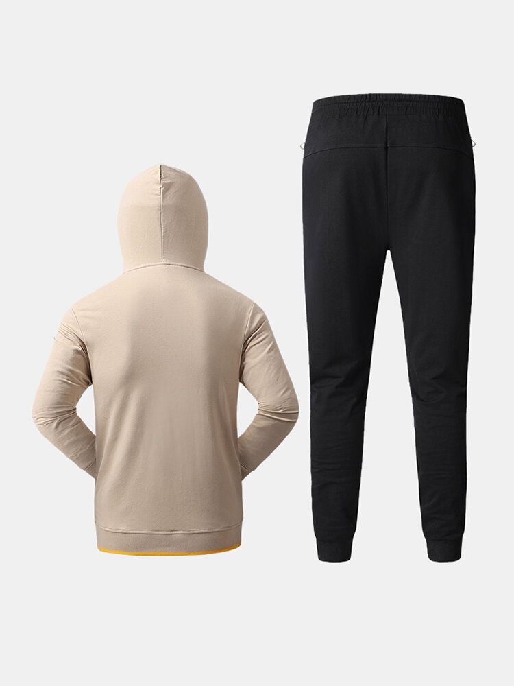 Sudadera Con Capucha De Color De Contraste De Algodón Deportivo Para Hombre Pantalones De Jogging De Bolsillo Con Cordón Conjunto De Dos Piezas De Fitness