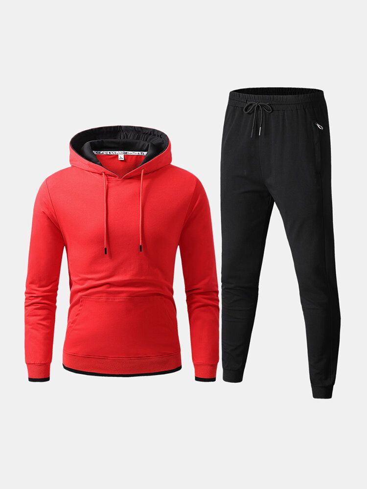 Sudadera Con Capucha De Color De Contraste De Algodón Deportivo Para Hombre Pantalones De Jogging De Bolsillo Con Cordón Conjunto De Dos Piezas De Fitness