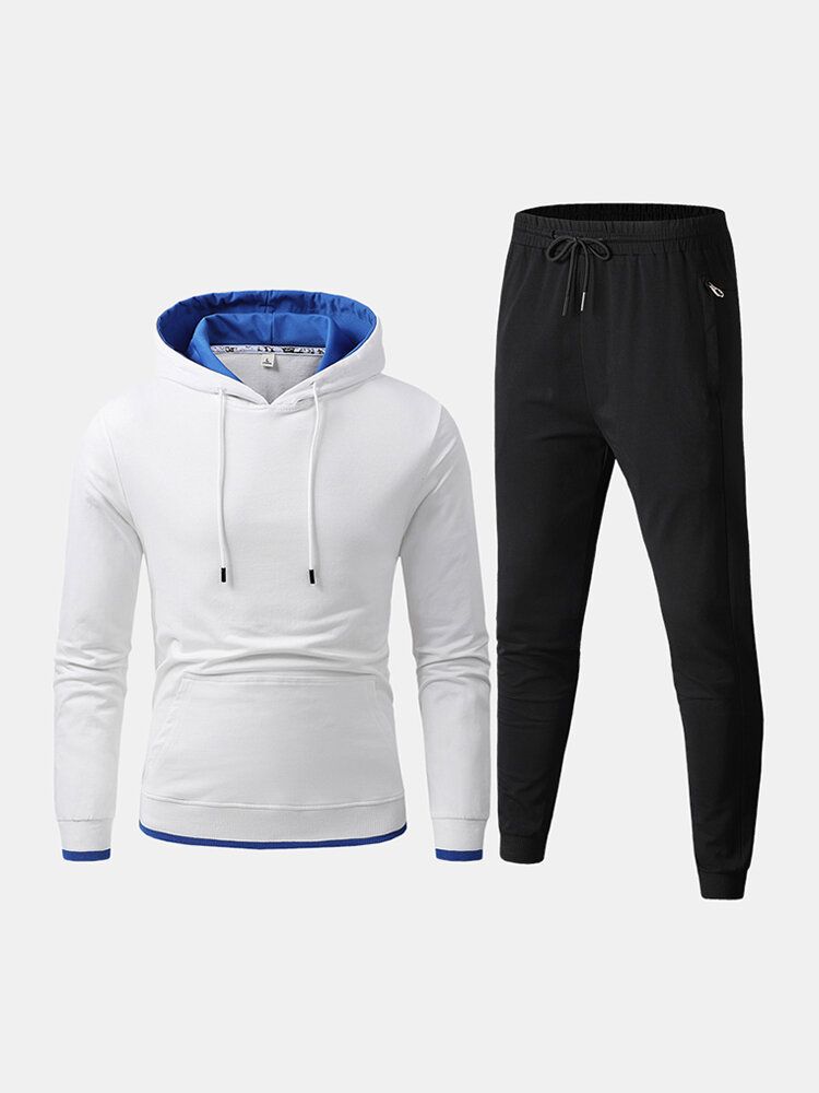 Sudadera Con Capucha De Color De Contraste De Algodón Deportivo Para Hombre Pantalones De Jogging De Bolsillo Con Cordón Conjunto De Dos Piezas De Fitness