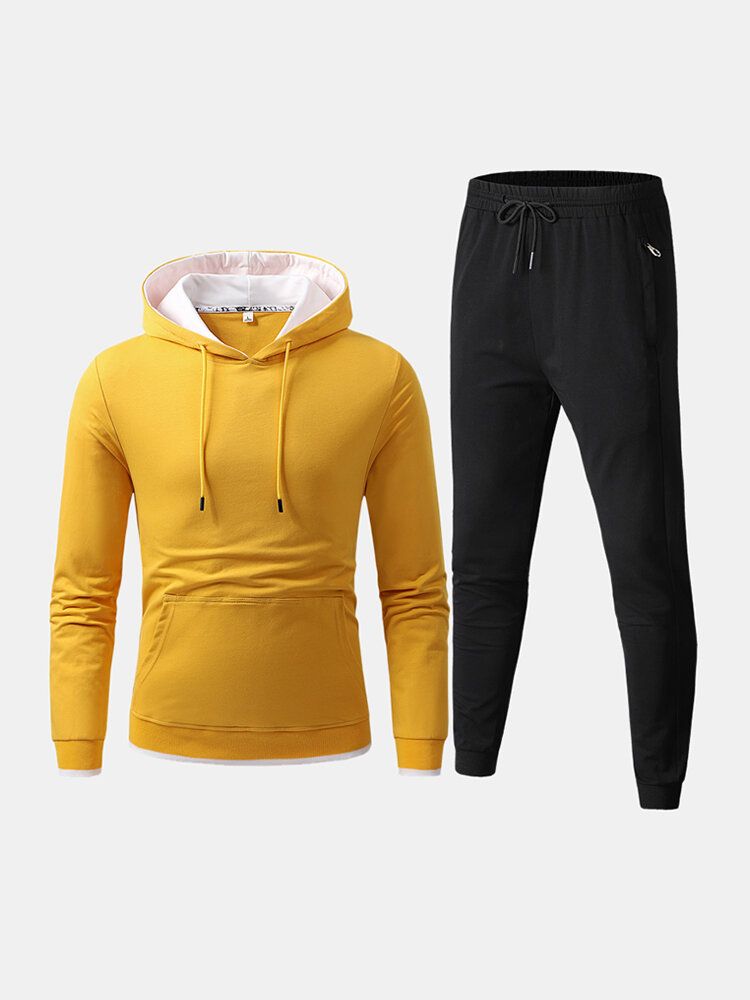 Sudadera Con Capucha De Color De Contraste De Algodón Deportivo Para Hombre Pantalones De Jogging De Bolsillo Con Cordón Conjunto De Dos Piezas De Fitness