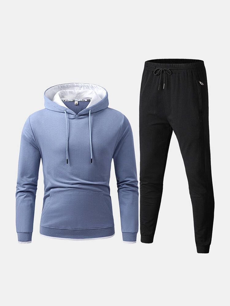 Sudadera Con Capucha De Color De Contraste De Algodón Deportivo Para Hombre Pantalones De Jogging De Bolsillo Con Cordón Conjunto De Dos Piezas De Fitness