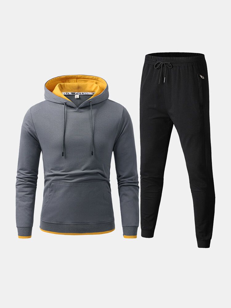 Sudadera Con Capucha De Color De Contraste De Algodón Deportivo Para Hombre Pantalones De Jogging De Bolsillo Con Cordón Conjunto De Dos Piezas De Fitness