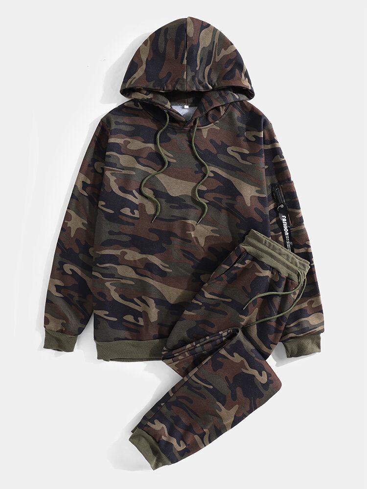 Sudadera Con Capucha Con Cordón Y Estampado De Camuflaje Para Hombre Pantalones Deportivos De Dos Piezas