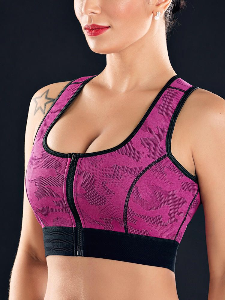 Sujetador Deportivo Con Cremallera Frontal Racer Back Wireless Camuflaje Elástico Para Mujer