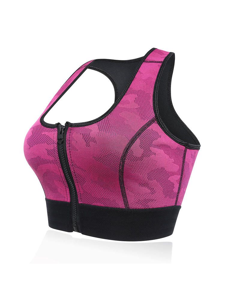 Sujetador Deportivo Con Cremallera Frontal Racer Back Wireless Camuflaje Elástico Para Mujer