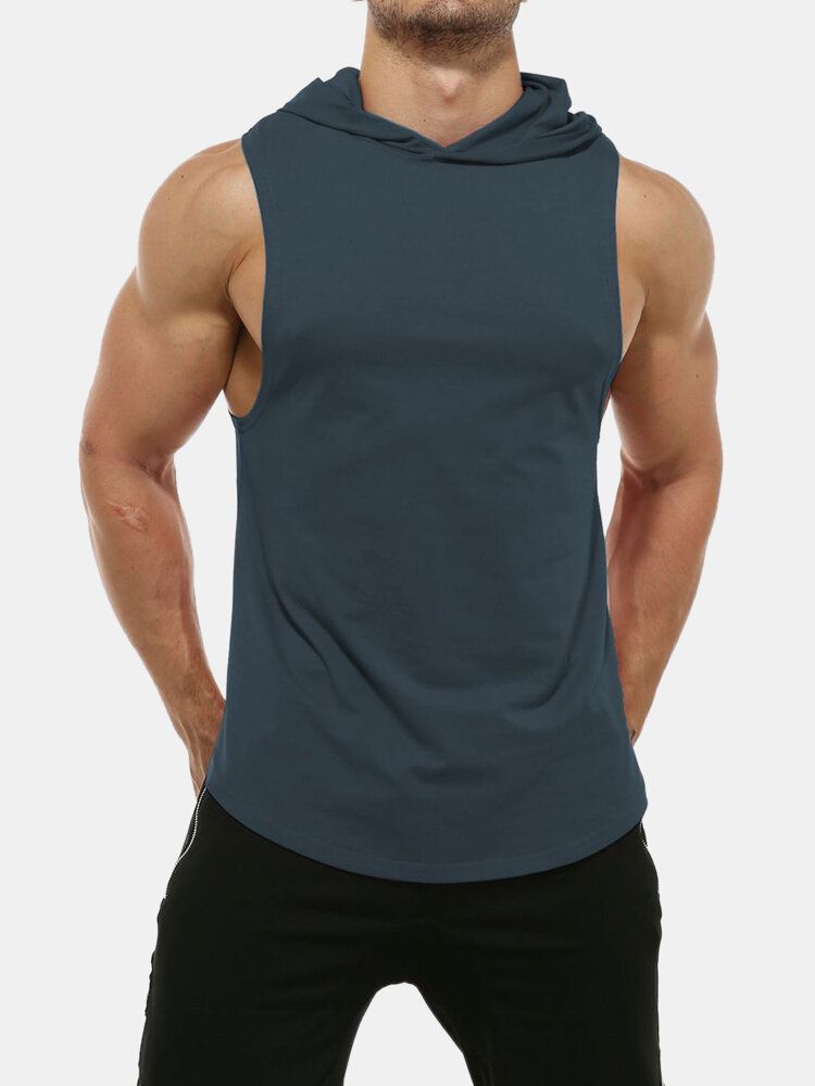 Tops Deportivos Casuales Con Dobladillo Curvo Sin Mangas Con Capucha De Color Sólido Para Hombres