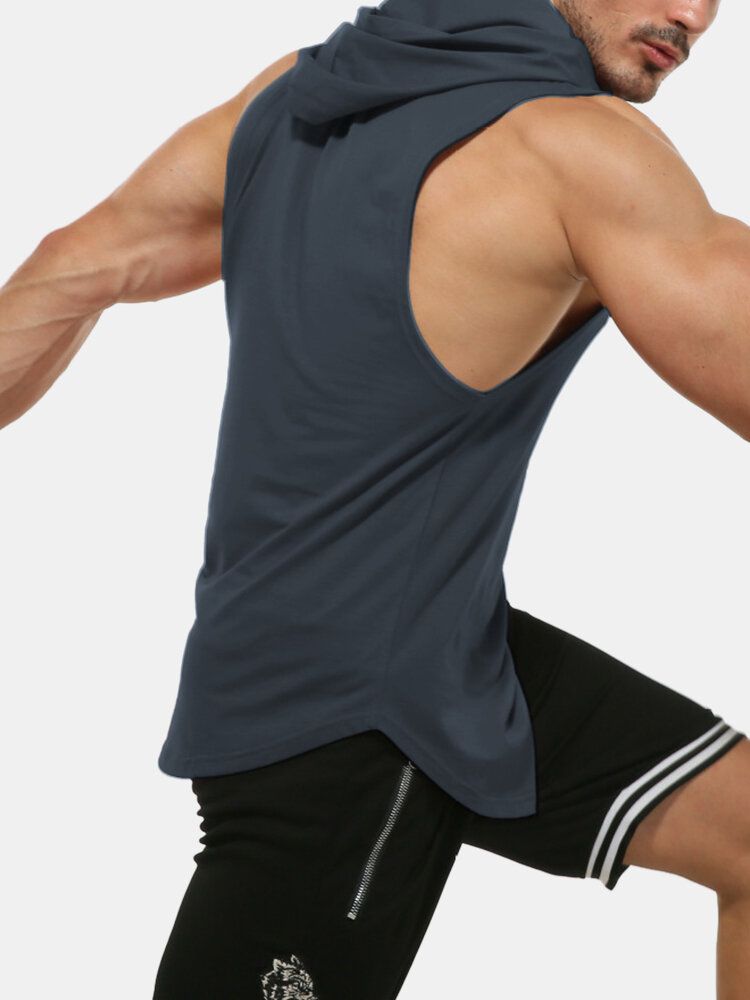 Tops Deportivos Casuales Con Dobladillo Curvo Sin Mangas Con Capucha De Color Sólido Para Hombres