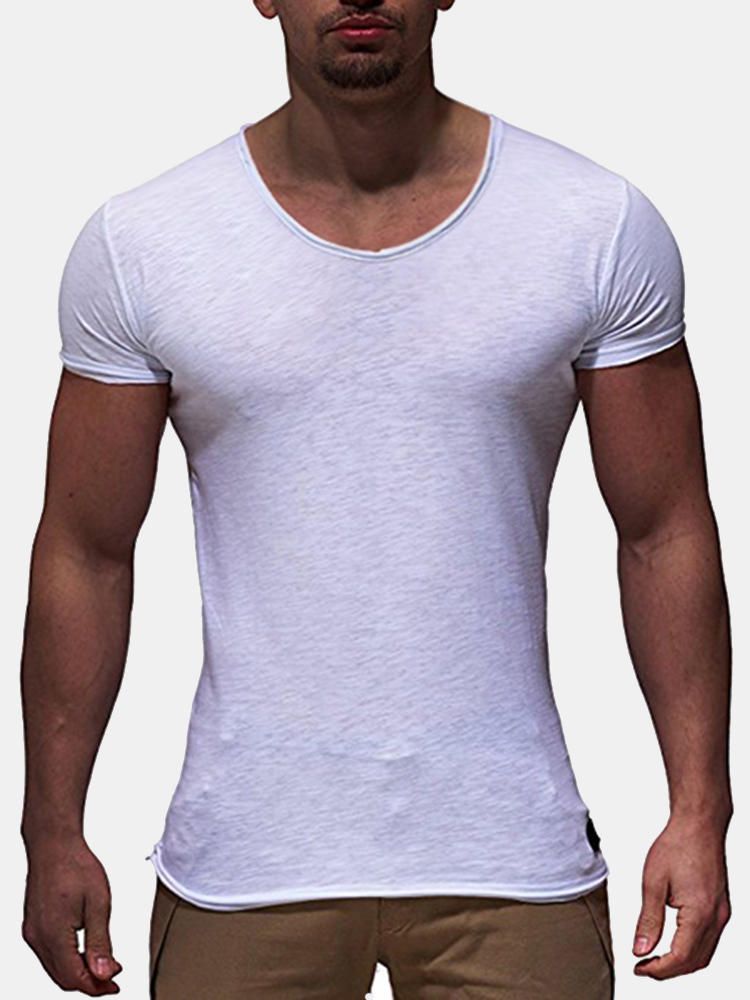 Tops De Manga Corta Con Cuello En V De Color Sólido Fino De Verano Para Hombre