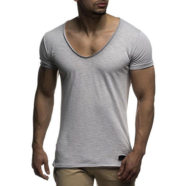 Tops De Manga Corta Con Cuello En V De Color Sólido Fino De Verano Para Hombre