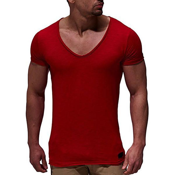 Tops De Manga Corta Con Cuello En V De Color Sólido Fino De Verano Para Hombre