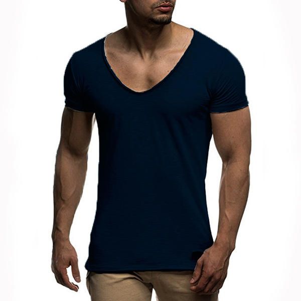 Tops De Manga Corta Con Cuello En V De Color Sólido Fino De Verano Para Hombre