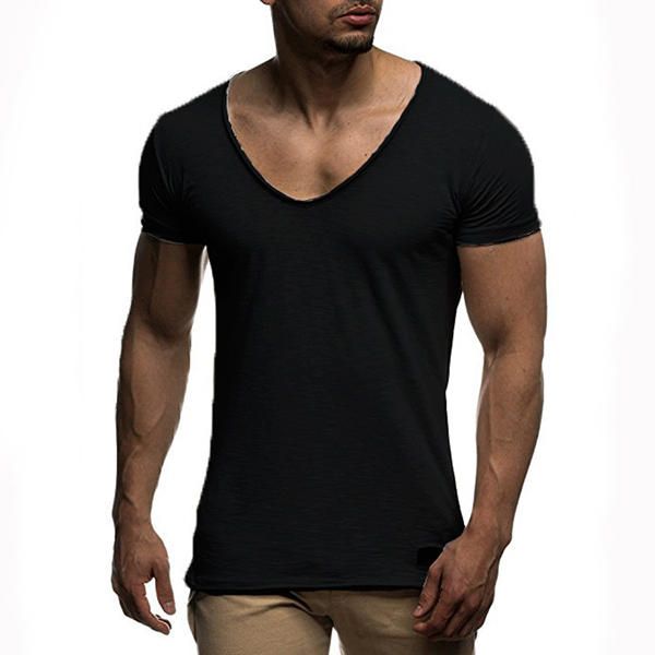 Tops De Manga Corta Con Cuello En V De Color Sólido Fino De Verano Para Hombre