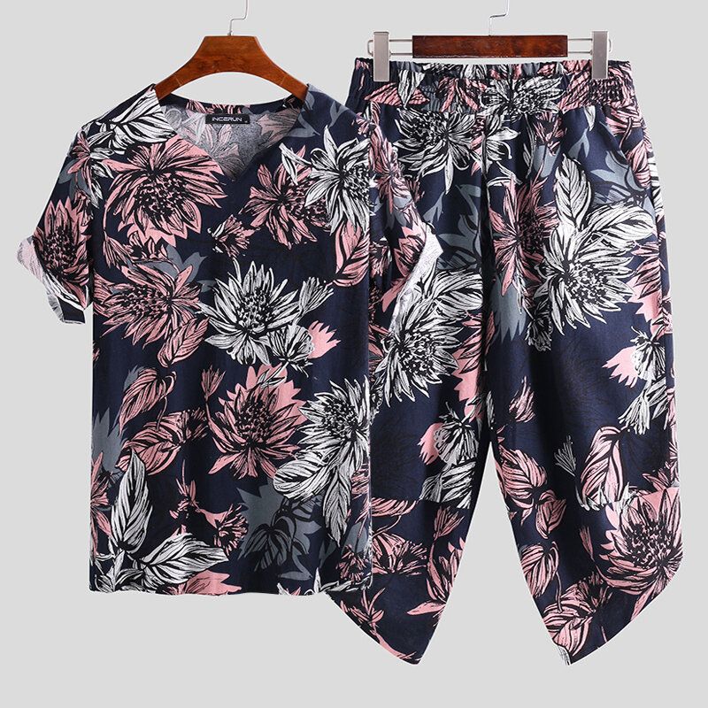 Traje Suelto De Moda De Estilo Chino Con Estampado De Media Manga Para Hombre