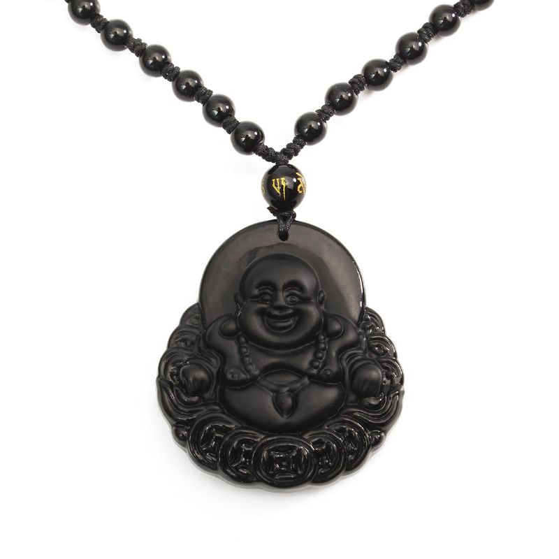 Colgante De Buda De Obsidiana Negra Lucky Luck Beads Collar De Oración Cadena