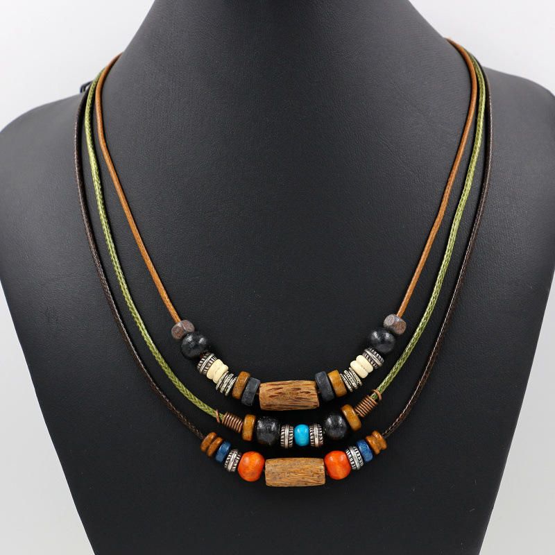 Collar Bohemio Multicapa Cuerda De Cera Aleación De Madera Con Cuentas Suéter Collar Joyería Étnica Para Mujeres