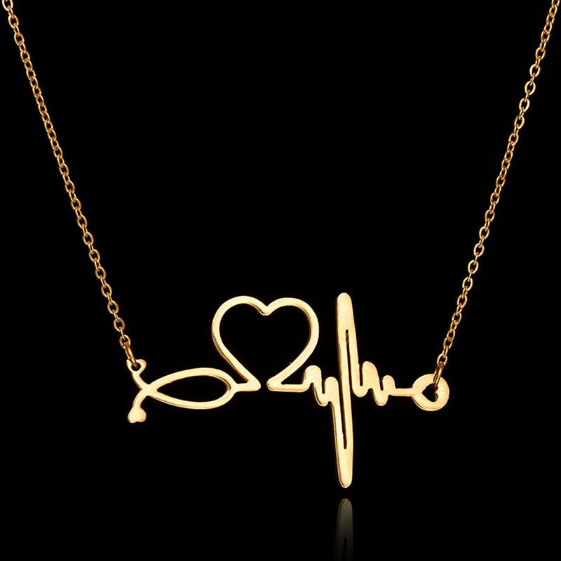 Collar De Cadena Con Colgante De Corazón De Electrocardiograma De Latido Del Corazón De Acero Inoxidable Simple Para Mujer