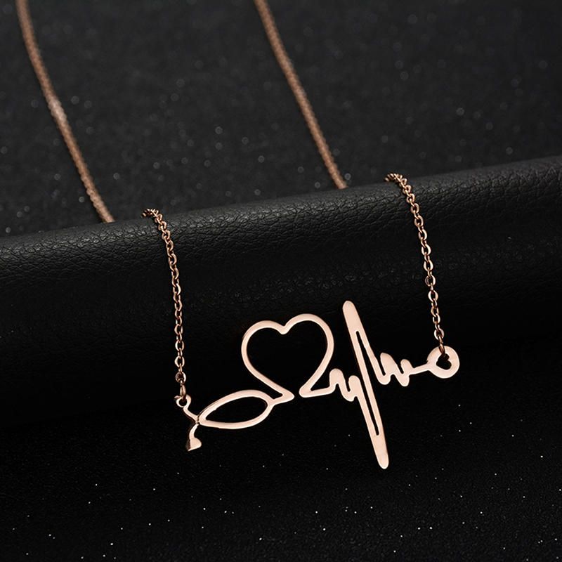 Collar De Cadena Con Colgante De Corazón De Electrocardiograma De Latido Del Corazón De Acero Inoxidable Simple Para Mujer