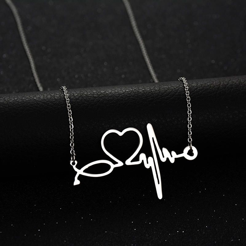 Collar De Cadena Con Colgante De Corazón De Electrocardiograma De Latido Del Corazón De Acero Inoxidable Simple Para Mujer