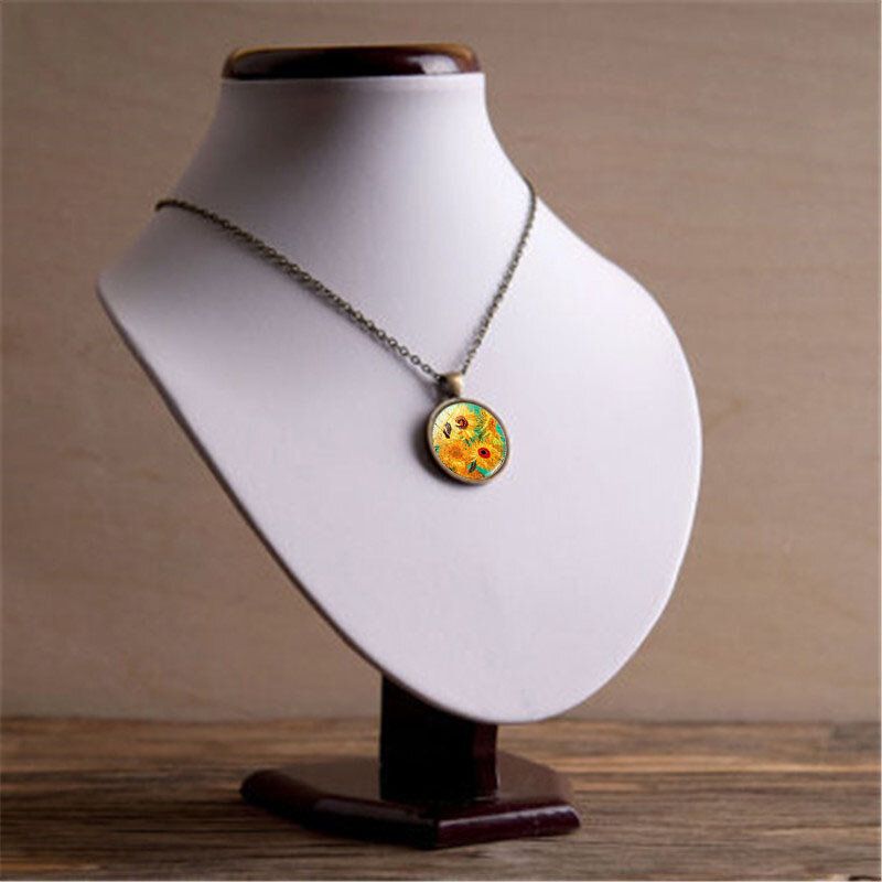 Collar Con Colgante De Cristal De Girasol Redondo Geométrico Vintage Collar De Gema De Girasol Con Estampado De Metal Cadena De Suéter