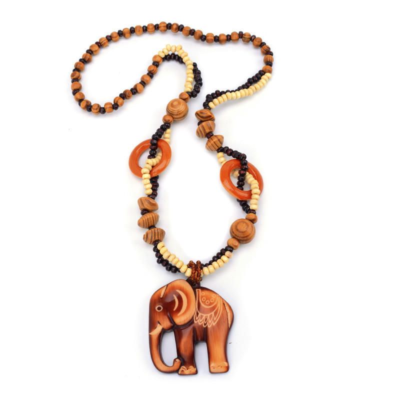 Collar Con Dije De Elefante De Pez Colgante De Cadena Larga Con Cuentas De Madera Hechas A Mano De Moda Para Mujer