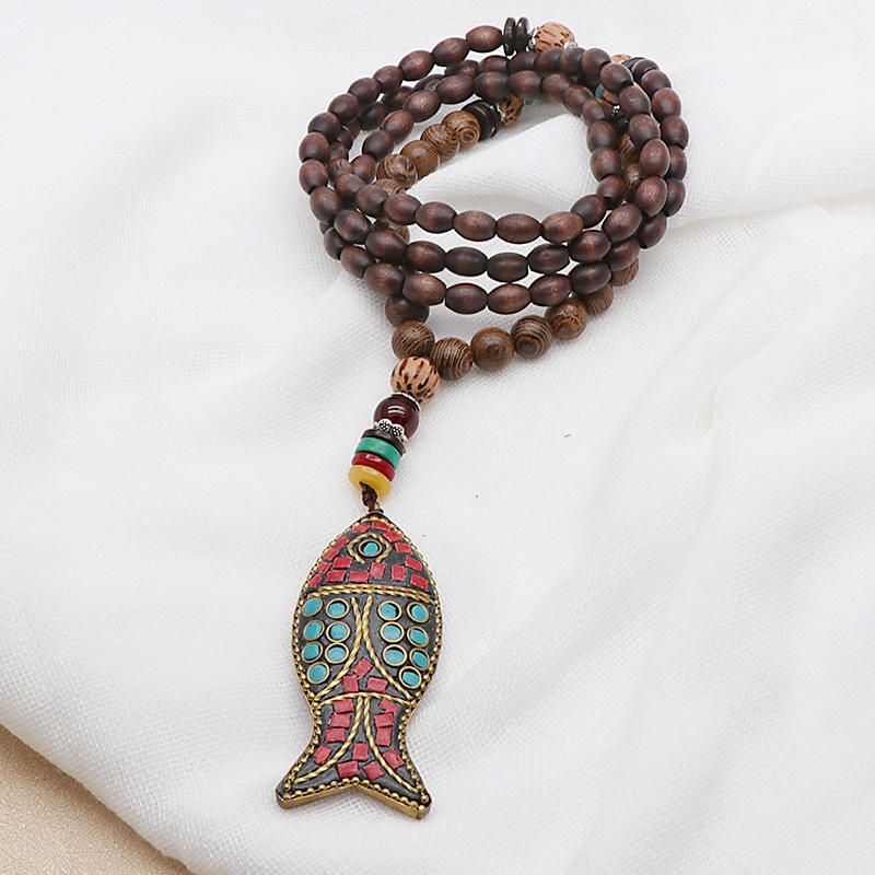 Collar De Cuentas De Madera Mala Budista De Nepal Hecho A Mano Con Colgante De Pez Collar Largo Y Llamativo Para Mujeres Y Hombres