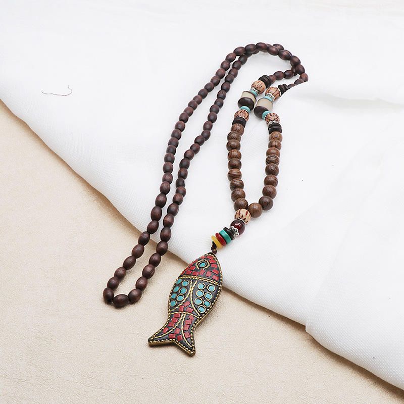 Collar De Cuentas De Madera Mala Budista De Nepal Hecho A Mano Con Colgante De Pez Collar Largo Y Llamativo Para Mujeres Y Hombres