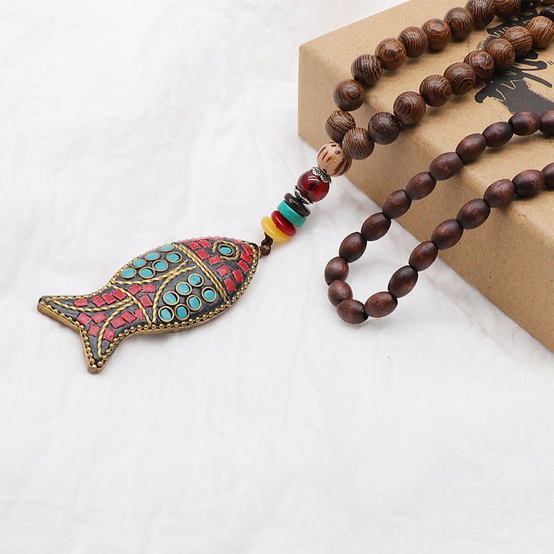 Collar De Cuentas De Madera Mala Budista De Nepal Hecho A Mano Con Colgante De Pez Collar Largo Y Llamativo Para Mujeres Y Hombres