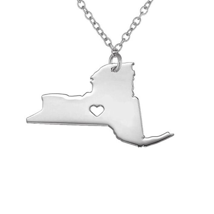 Collar De Plata Con Colgante De Corazón De Amor Con Mapa De Estados Unidos Y Nueva York