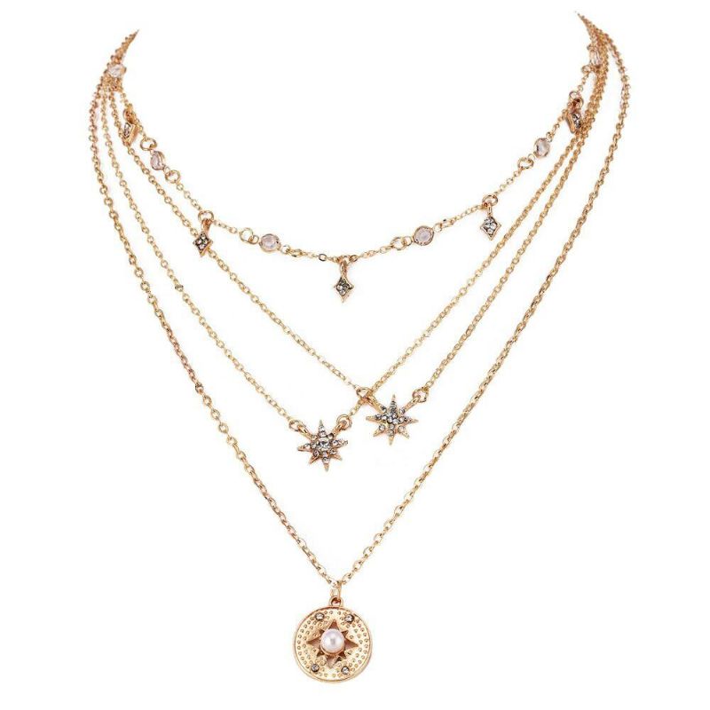 Collares Multicapa Bohemios Rebanada Redonda Perlas Cadena De Estrellas Collar Con Colgante De Media Luna Para Mujeres