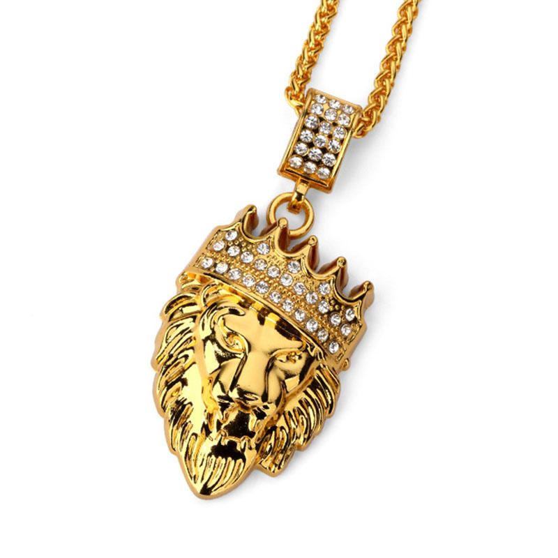 Hip Hop Fashion Gold Chain King Crown Lion Head Collar Con Colgante Para Hombres