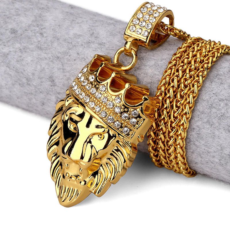 Hip Hop Fashion Gold Chain King Crown Lion Head Collar Con Colgante Para Hombres