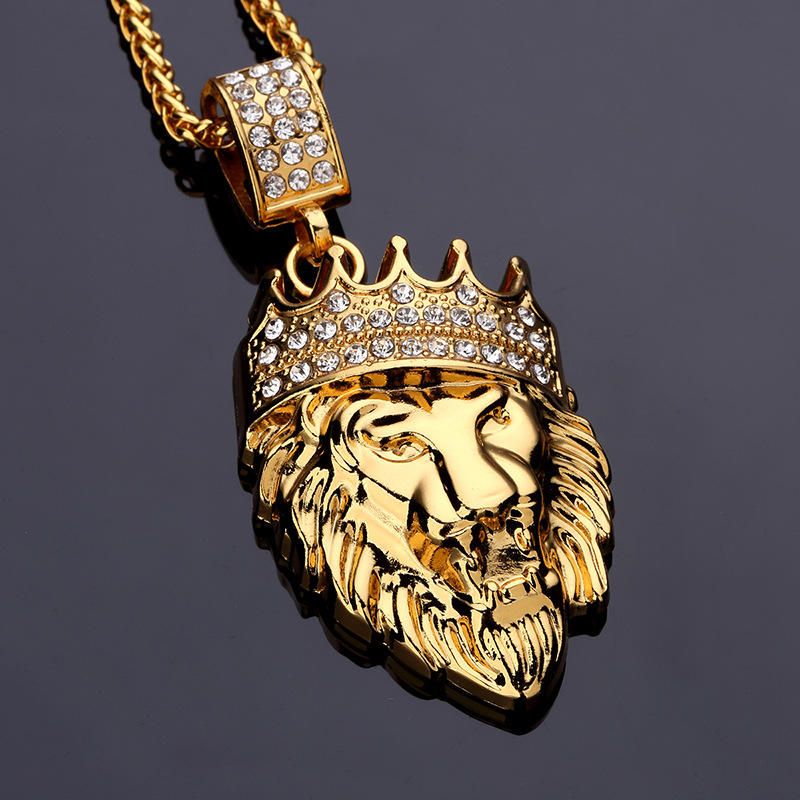 Hip Hop Fashion Gold Chain King Crown Lion Head Collar Con Colgante Para Hombres