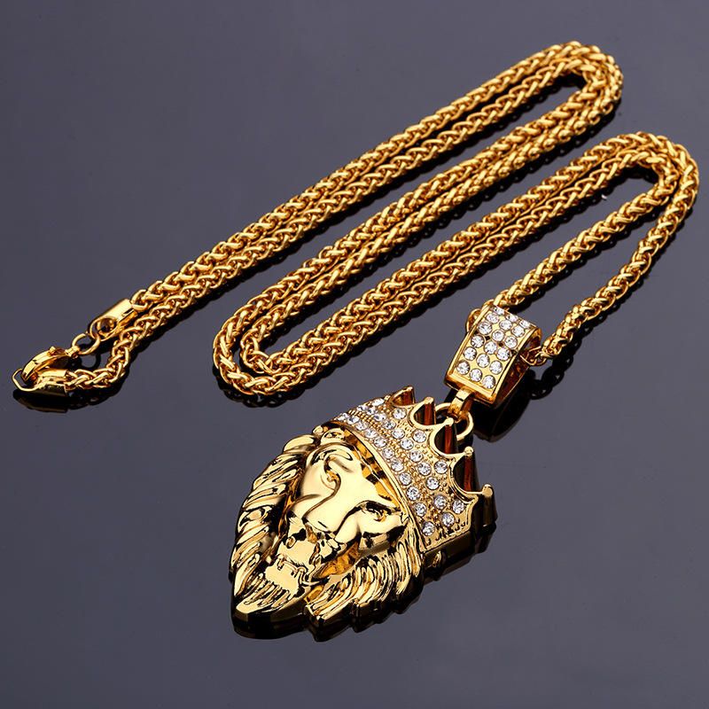 Hip Hop Fashion Gold Chain King Crown Lion Head Collar Con Colgante Para Hombres