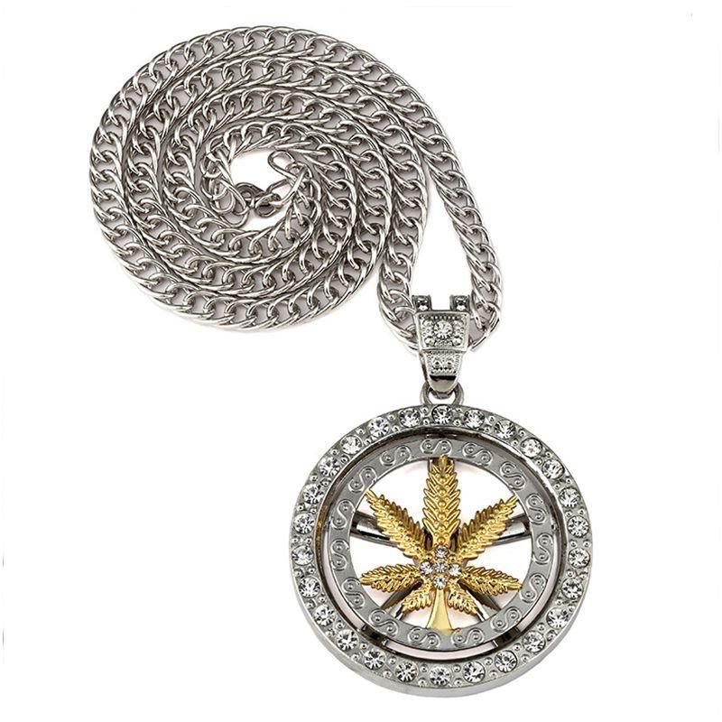 Hip Hop Spinning Snake Chain Marihuana Gold Leaf Colgante Collar Al Por Mayor Para Hombres