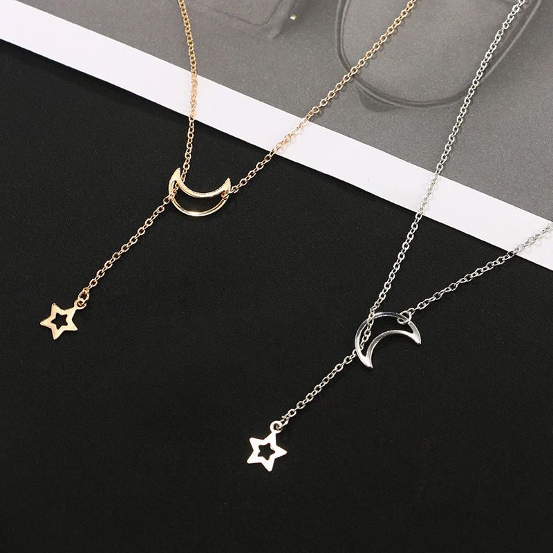 Moda Hollow Star Moon Colgante Collar Largo Collares Minimalistas Simples Para Mujeres