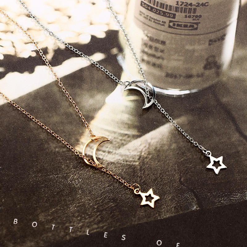 Moda Hollow Star Moon Colgante Collar Largo Collares Minimalistas Simples Para Mujeres