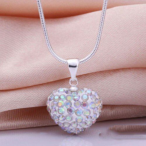 Moda Mujer Corazón De Cristal 925 Plata Esterlina Cadena De Serpiente Colgante Collar Joyería