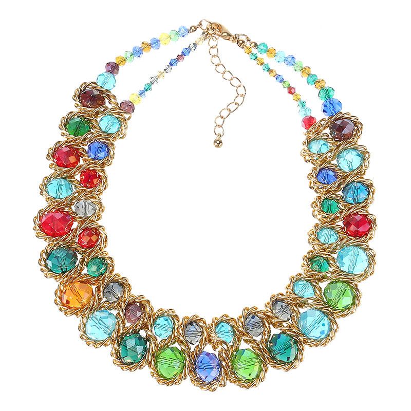 Mujeres Multicolor Crystal Charm Gold Exagerado Babero Declaración Collar Joyería Regalo