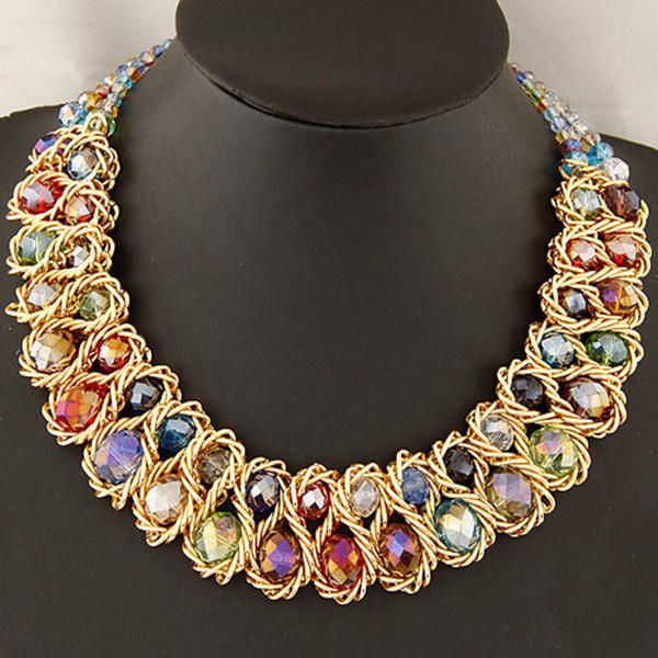 Mujeres Multicolor Crystal Charm Gold Exagerado Babero Declaración Collar Joyería Regalo