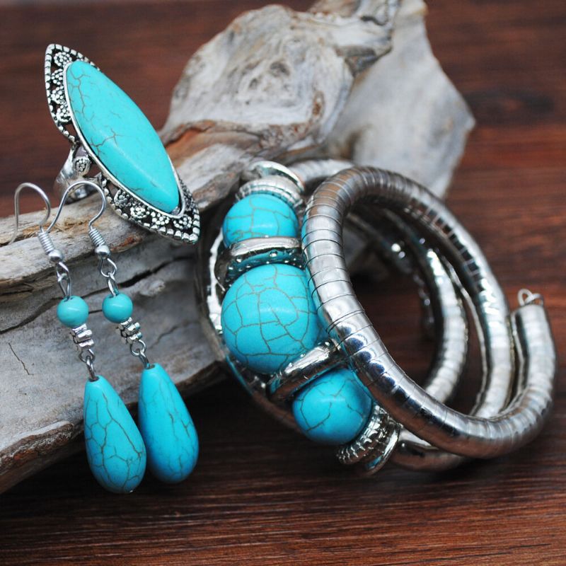 Pendientes Colgantes De Gota De Agua Turquesa Vintage Collar De Turquesa Étnico Pendiente Anillo Conjunto De Pulsera