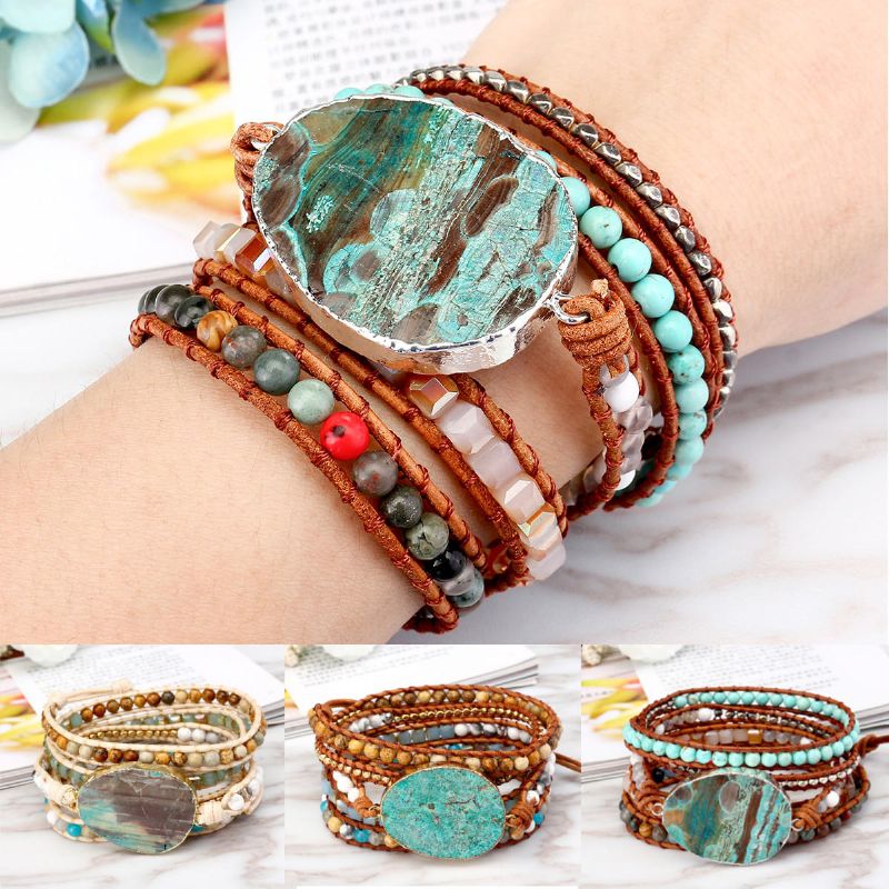 Pulsera De Piedra De Jaspe De Océano Étnico Pulsera De Cuero Con Encanto Para Mujer Pulsera De Estilo Retro