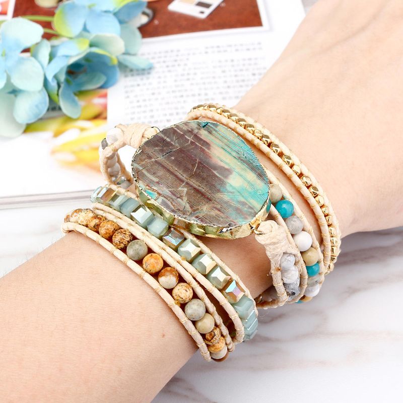 Pulsera De Piedra De Jaspe De Océano Étnico Pulsera De Cuero Con Encanto Para Mujer Pulsera De Estilo Retro