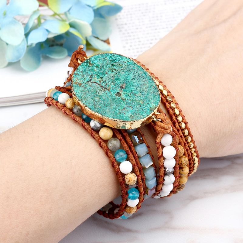 Pulsera De Piedra De Jaspe De Océano Étnico Pulsera De Cuero Con Encanto Para Mujer Pulsera De Estilo Retro