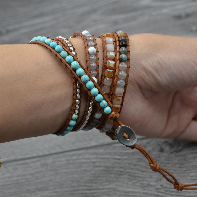 Pulsera De Piedra De Jaspe De Océano Étnico Pulsera De Cuero Con Encanto Para Mujer Pulsera De Estilo Retro