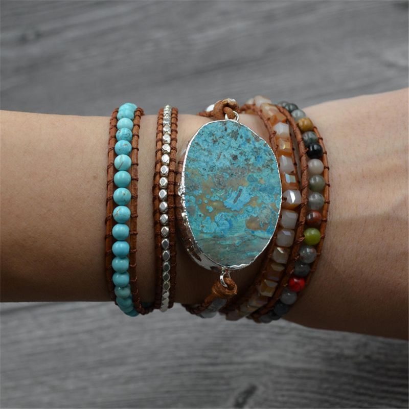 Pulsera De Piedra De Jaspe De Océano Étnico Pulsera De Cuero Con Encanto Para Mujer Pulsera De Estilo Retro