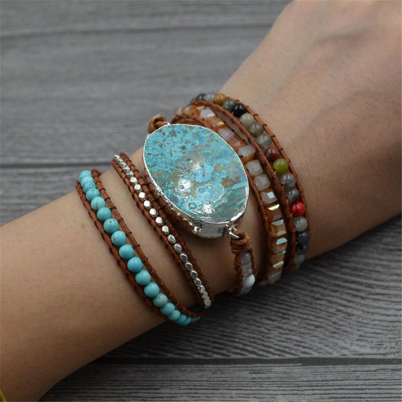 Pulsera De Piedra De Jaspe De Océano Étnico Pulsera De Cuero Con Encanto Para Mujer Pulsera De Estilo Retro