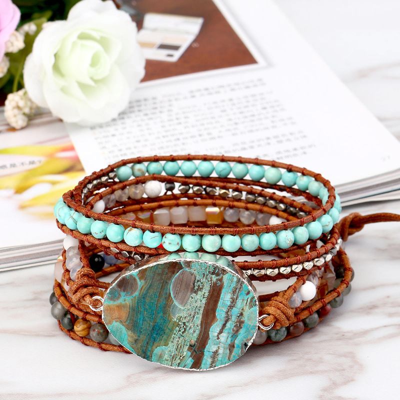 Pulsera De Piedra De Jaspe De Océano Étnico Pulsera De Cuero Con Encanto Para Mujer Pulsera De Estilo Retro