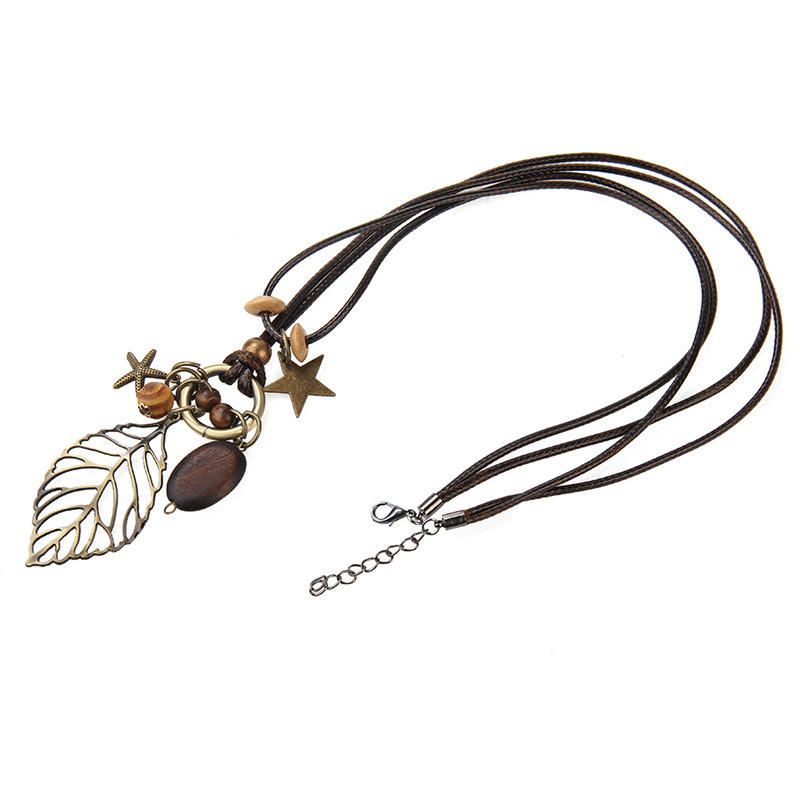 Vintage Hollow Leaf Colgante Collar De Mujer Madera Estrella Charm Cuerda De Cera Collar Largo Para Mujer