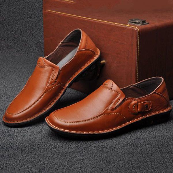 Hombres Comft Casual Banda Elástica Cuero Genuino Slip On Mocasines Planos